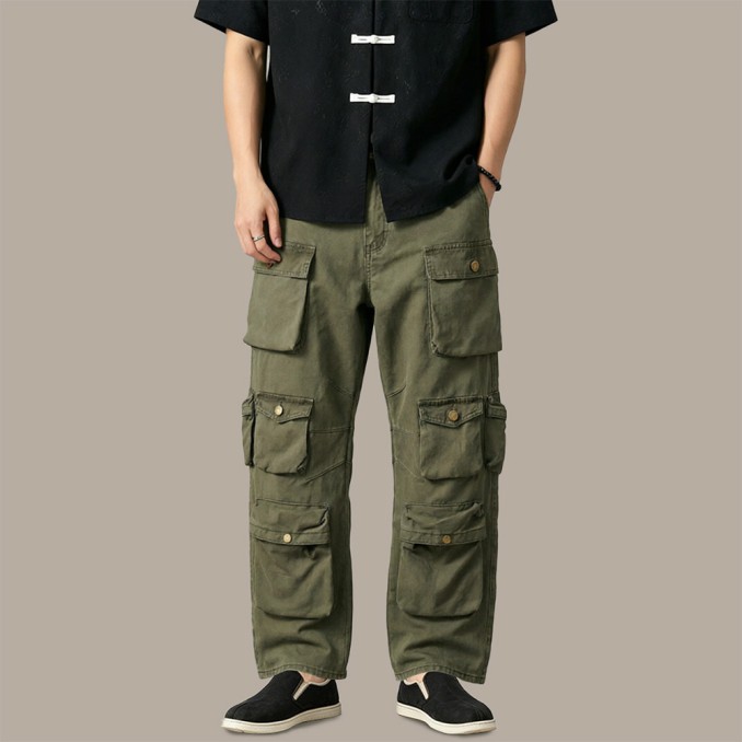 Multi-Pocket Wrinkle-Resistant Pure Cotton Straight-Leg Cargo Pants