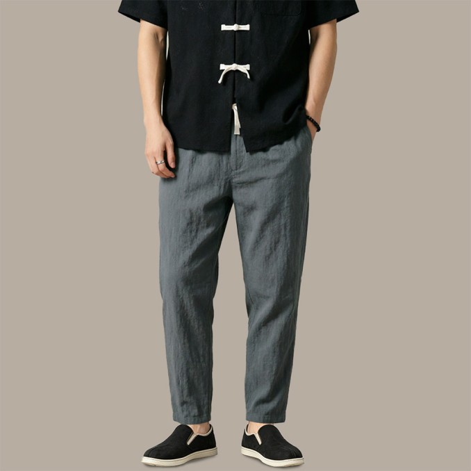 Mid-Rise Straight-Leg Casual Pants with Drawstring Waist