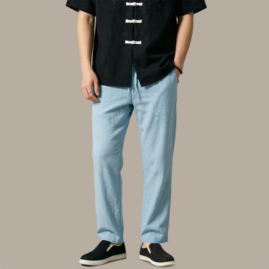 Blue Straight-Leg Breathable Casual Pants