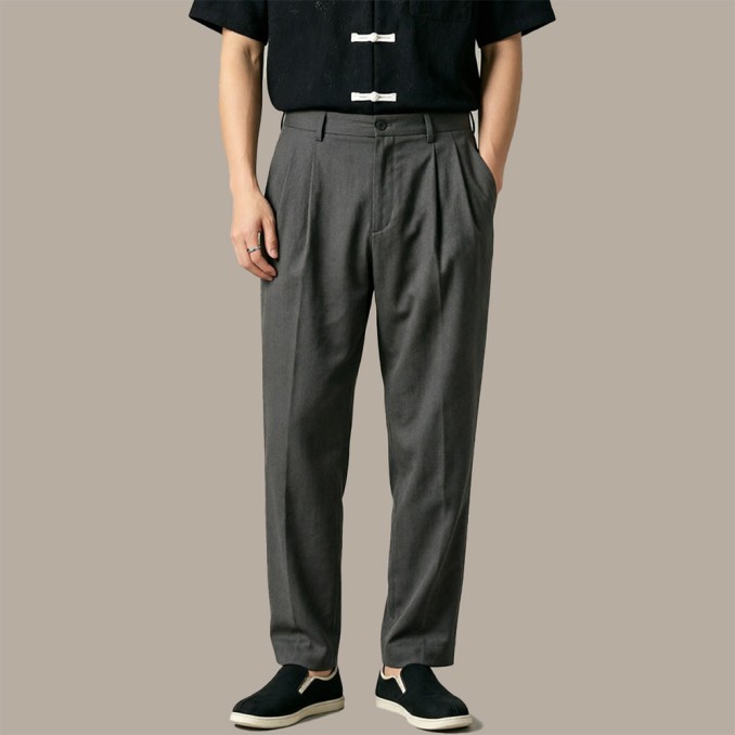 Men's Loose-Fit Wide-Leg Pleated Trousers with Zippers