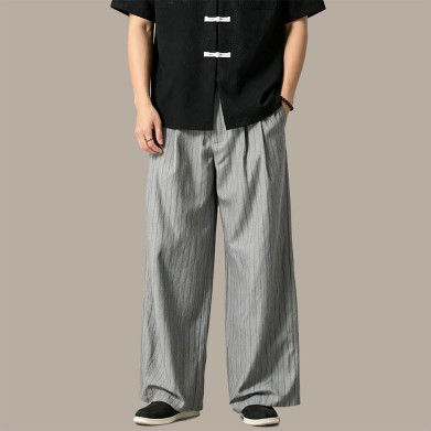 Striped Pleated Wide-Leg Breathable Trousers