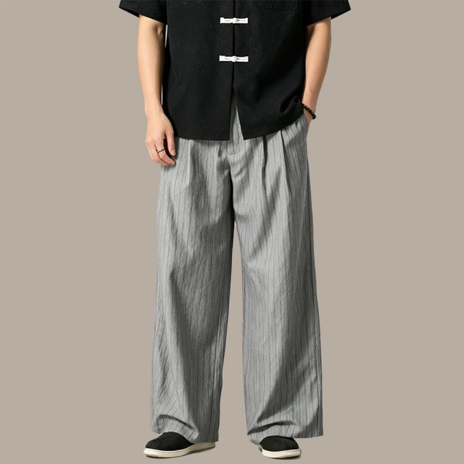 Striped Pleated Wide-Leg Breathable Trousers